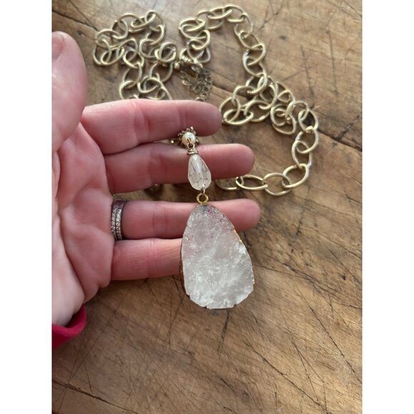 Gold-Tone Chain Necklace With Raw Quartz Pendant & Pearl Accent - Picture 7 of 14